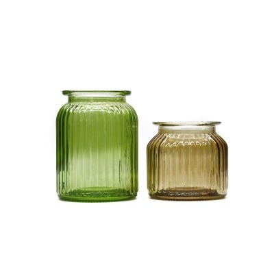 Hot Sell Round 500ml 1000ml Stripe green saffron yellow Glass Vase For Home Decoration