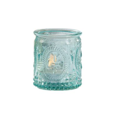 Wholesale Embossed Cobalt Blue Glass Candle Holders Glass Tealight Candle Holder