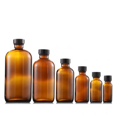 1oz 2oz 4oz 8oz 16oz 32oz Amber Boston Round Glass Bottle with Phenolic Cap