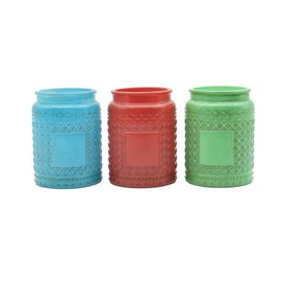 high quality 17oz 18oz colored vintage glass candle jars glass candle containers embossed facets with metal lids