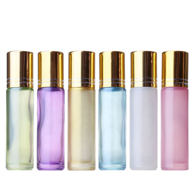 Wholesale Empty Essential oil perfume roller bottle 10ml pearl pink purple green glass roll on bottle with gold cap