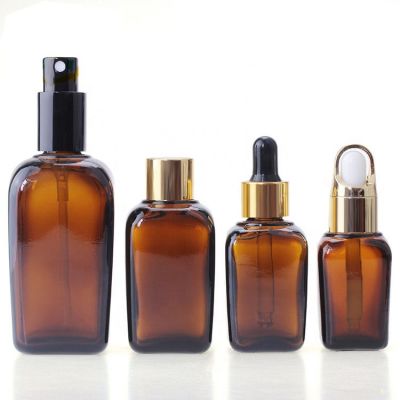 30ml amber essential oil square glass bottle with aluminum gold dropper anodized aluminum dropper bottle 