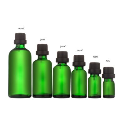Custom Logo Printing 20ml green empty oil mini glass bottle with dropper and black screwed cap 