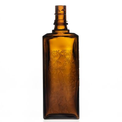 Fancy Engraving 480ml Flat Square Wine Bottle 16oz Empty Glass Whisky Bottle with Screw cap 