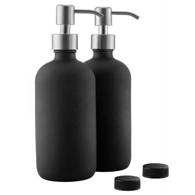 Large 500ml Matte Black Boston Round Glass Bottle with Soap Dispenser Pump