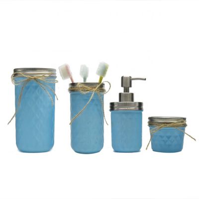 Unique Blue Glass Mason Jar Bathroom Toothbrush Holder Set with Soap Foam Pump 