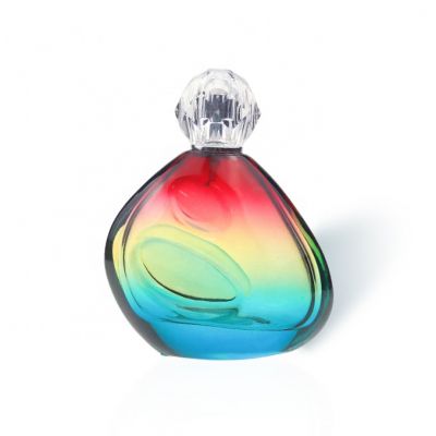 Romantic 100ml Flat Round Rainbow Color Glass Perfume Bottle With Aluminum Sprayer 