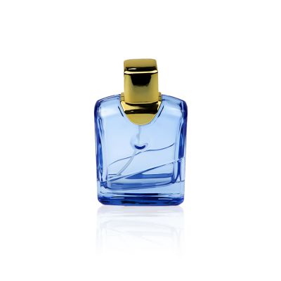 Stylish 110ml square clear blue perfume glass Bottle with ABS Plastic Golden lid 