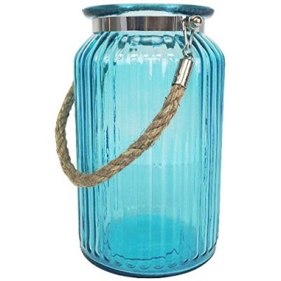 Glass Ribbed Cylinder Vase glass jar with Rope Handle 