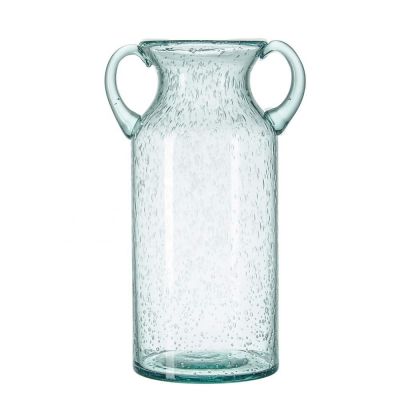 hot selling Flower Vase Glass Elegant Double Ear Decorative Handmade Air Bubbles Bluish Color Glass Vase for Home Decor 