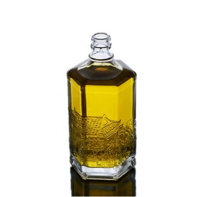 Custom 500ml Hexagon Bottle Emboss Unique Shape Liquor Glass Bottle Glass Beverage Bottle 