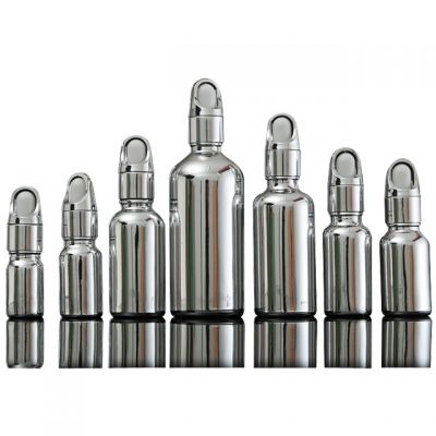 In stock new design variety of sized silver color glass dropper bottle