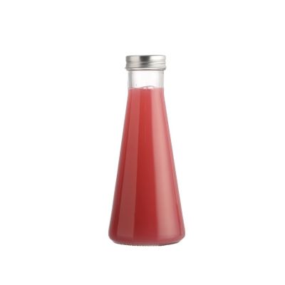Custom Cone Shape 300ml Milk Bottles Glass with Metal Screw Lid for Juice Drinking 