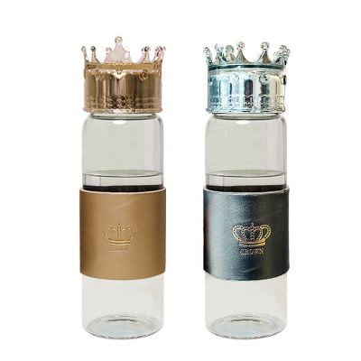 High quality heat-resistant unbreakable glass water bottle with crown lid 