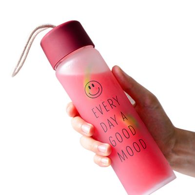 400ml 14oz straight round frosted glass water bottle with lid portable travel drinking cup with word and hand rope 