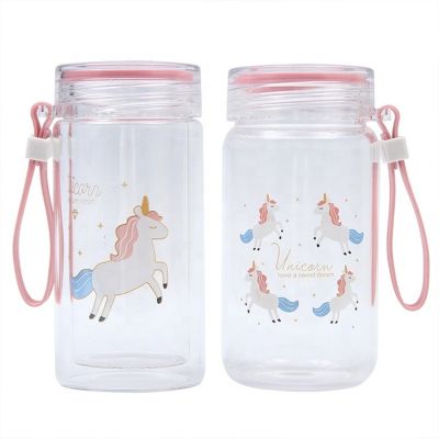 Cartoon wholesale children's student outdoor portable carrying rope lovely transparent glass water cup 
