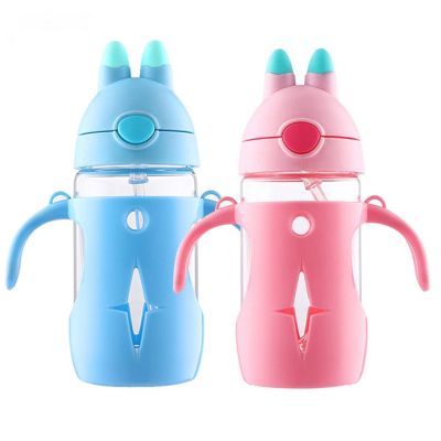 Rabbit glass straw cup cartoon children's high boron silicon milk bottle water glass cup with handle strap 