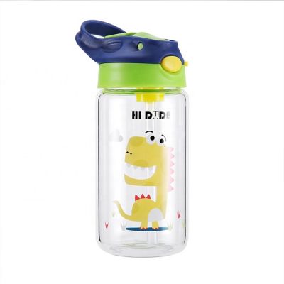 wholesale cartoon gift small dinosaur customized glass water bottle portable straw children's glass water cup with cloth cover 