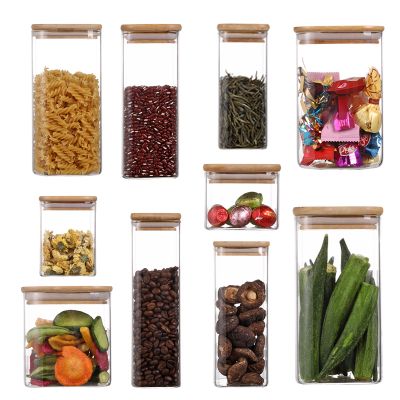 High Borosilicate Transparent Bamboo Lid Square sealed glass storage jar