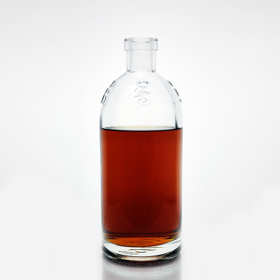 wholesale hot Emboss luxury clear Whiskey Decanter unique wine cork top liquor glass bottle 750ml