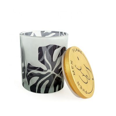 400ml empty frosted glass candle jar votive candle holders with gold printing design sealed wood lid 