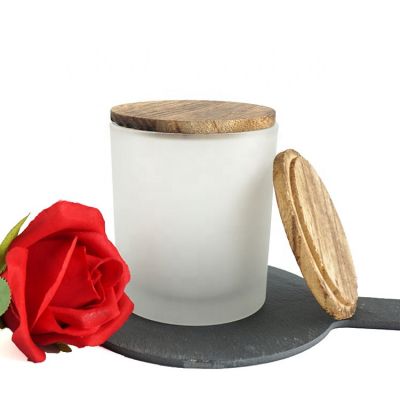 10oz frosted empty glass candle jar with wooden lid stock feature 
