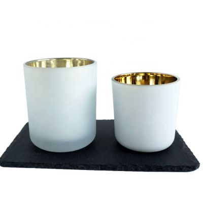 Wholesale gold plating white frosted luxury candle holder 250ml 400ml glass jars for candle with wooden top