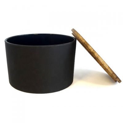 Wide mouth frosted black empty candle container 23oz glass candle jar with dark wood lid