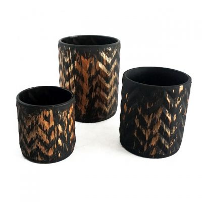 Wholesale set of 3 black antique style chevron heavy glass candle jars