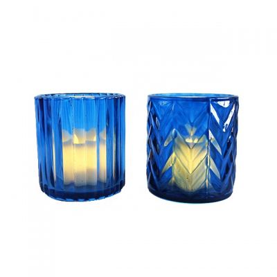  Geo cut embossed blue cut glass candle jars 200ml