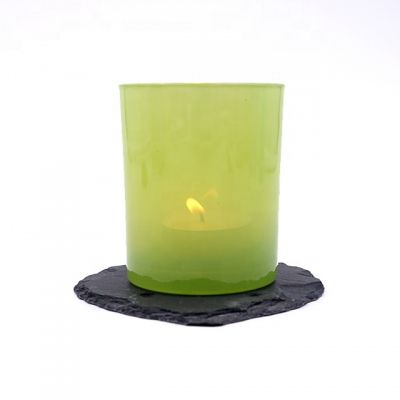 Flat Bottom Shinny Green Glass Candle Vessel For Christmas
