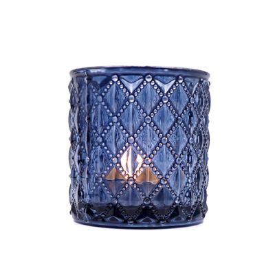 luxury custom diamond embossed blue glass candle holder