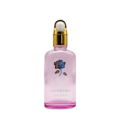 50ml cosmetic pink flat glass essential oil bottle with gold aluminum basket dropper cap
