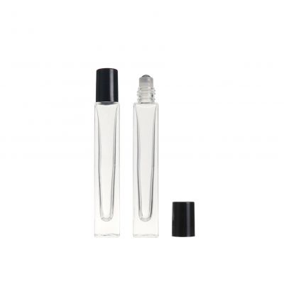 High Quality 10ml Empty Clear Square Perfume Eye Cream Roll on Glass Roller Bottle with Steel Roller Ball and Black Cap