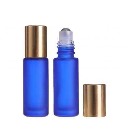 Blue frosted glass roll on roller essential oil glass bottles 5ml with gold lid