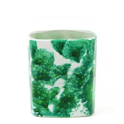 Square Glass Tealight Candle Jar WIth Water Transfer Green Pattern 
