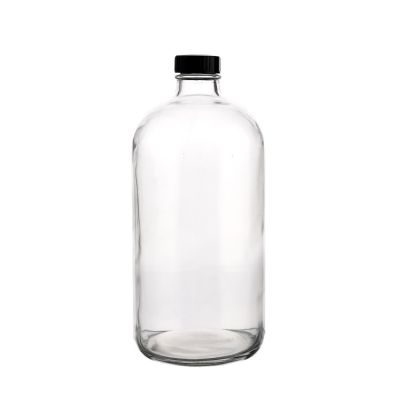 Factory price unique shape 1000ml big size clear boston round glass bottle with sprayer