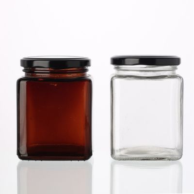 Food Grade Square clear amber empty glass honey pickle jar 380 ml with screw lid 