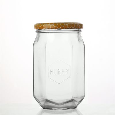 High quality luxury hexagon empty 500 ml glass honey jar with screw lid 