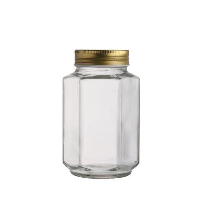 Unique hexagonal shape 380 ml Clear empty glass food jam honey pickles jar with metal lid 