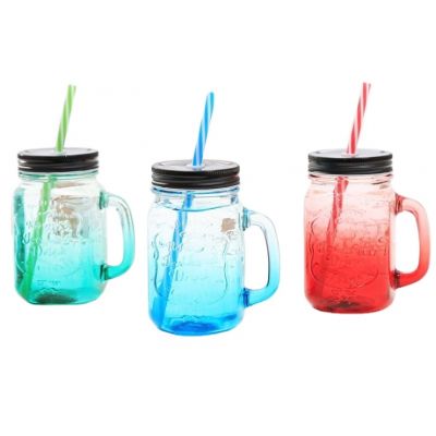480ML Color Painting Handle Cup Glass Bottle Jar for Juice Drink Ice Cream Storage With Straw 
