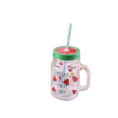 Customized printed glass cup 450ml juice Beverage glass bottle with handle 