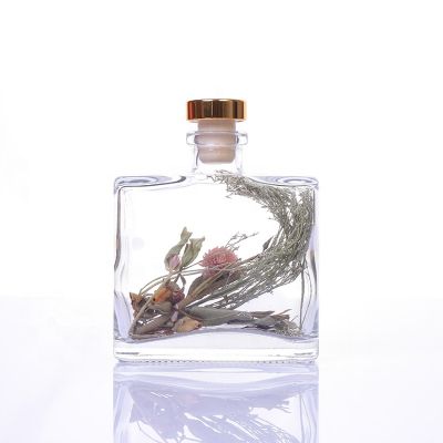 Decorative 300ml Flat Square Fragrance Reed Glass Diffuser Bottle With Cork Stopper 