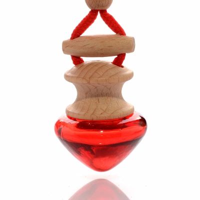 8ml heart shape empty glass perfume refillable hanging car fragrance bottle with wooden cap 