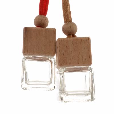 Square glass car hanging perfume bottle wooden cap empty 5ml 8ml 10ml 12ml 15ml 