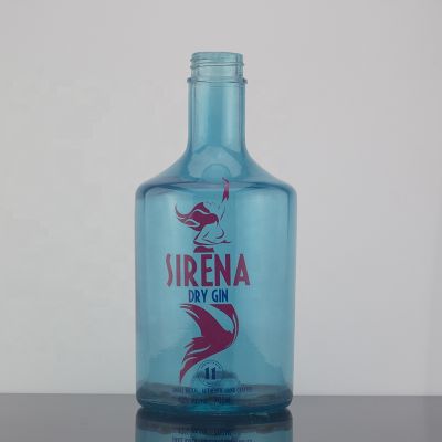 Customized Decal Design Transparent Blue 700ml Gin Glass Bottle With Screw Cap 