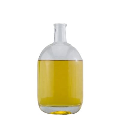 wholesale 750ml round body round shoulder short neck whiskey vodka gin tequila super flint glass bottle with bar top 