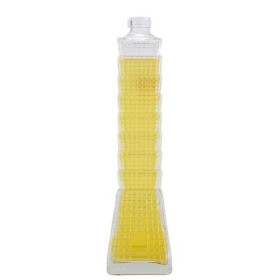 Unique Eiffel Tower Shape Short Neck Super Flint Glass Bottle 750 Ml Engraving Liquor Cork Stopper Bottle 