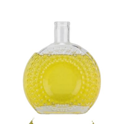 Unique Embossing Round Flat Body Short Neck Glass Bottle 70 Cl Brandy Decal Bottle 