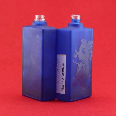 Blue Matt Glass Liquor Bottle Empty Rectangular Vodka 500ML Screen Printing Sexy Glass Bottle